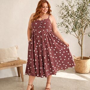 Torrid Midi Challis Dress 2X Brown Polka Dot Button Smocked Sweetheart Pockets
